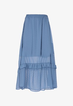 Jasnoniebieska spódnica z teksturowanej tkaniny, z falbaniastym dołem, elastycznym pasem w talii i wzorem w kropki na całej powierzchni.