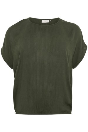 Blusa a maniche corte verde oliva, vestibilità ampia, scollatura rotonda, tessuto leggero con una finitura morbida e un sottile motivo a righe verticali.