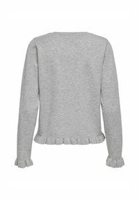 Grijze sweatshirt met lange mouwen, ronde halslijn en gerimpelde onderkant en manchetten. Gemaakt van zachte stof met een gladde textuur.