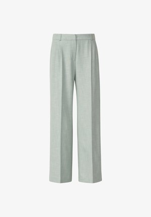 Light gray high-waist women's trousers with wide legs, front pleats, belt loops, and concealed front fastening.