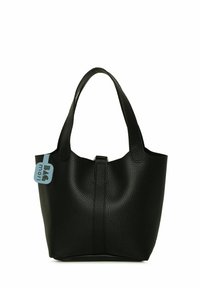 Sac fourre-tout en cuir noir avec une texture granuleuse, forme arrondie, petites poignées et une étiquette bleue portant la mention "BAG mori". Design simple et fonctionnel.