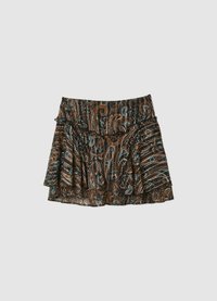 Jupe marron à motifs avec des plis, une taille froncée, et des accents floraux bleus et turquoise sur fond noir. Finition en tissu texturé.