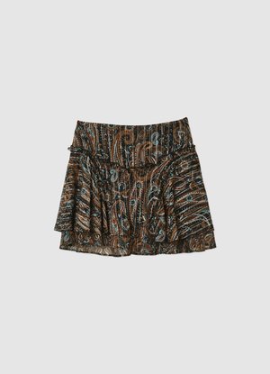 Jupe marron à motifs avec des plis, une taille froncée, et des accents floraux bleus et turquoise sur fond noir. Finition en tissu texturé.