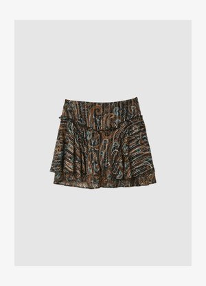 Gonna marrone con motivo a pieghe, vita arricciata e dettagli floreali blu e verde acqua su sfondo nero. Tessuto con finitura strutturata.