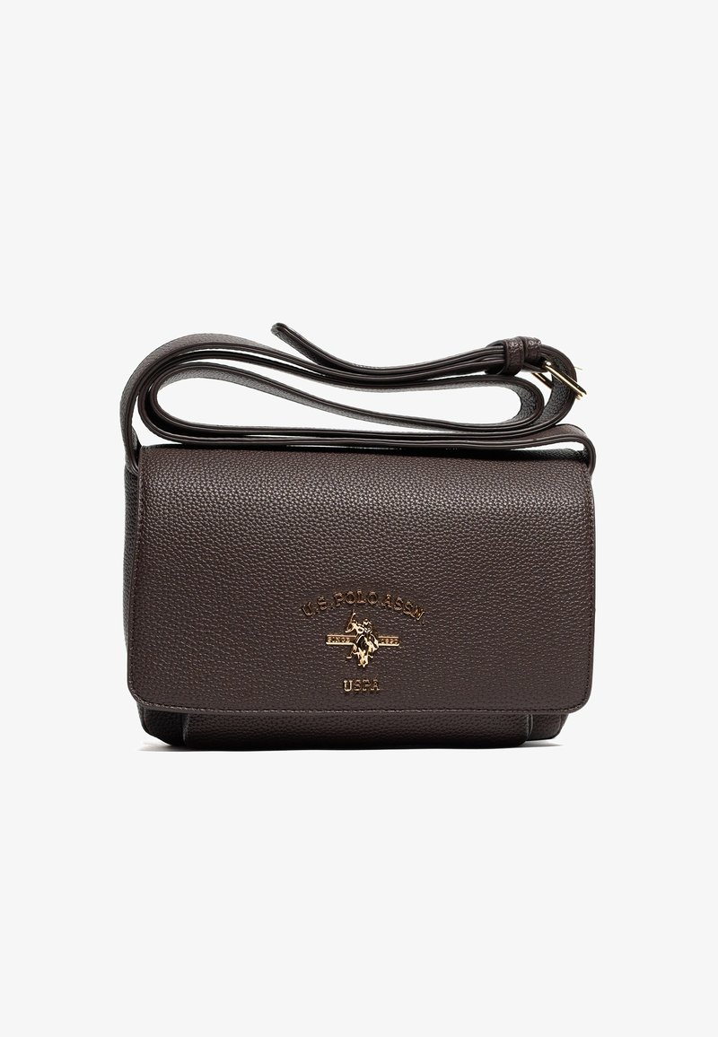 Borsa a tracolla in pelle marrone con finitura testurizzata, dettaglio logo dorato e tracolla lunga regolabile per opzioni di trasporto versatili.