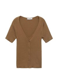 Cardigan en tricot côtelé marron avec un col en V, des manches courtes et six boutons sur le devant. Texture douce et design ajusté.