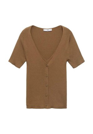 Brown ribbed knit cardigan with a V-neck, short sleeves, and six front buttons. Soft texture and a fitted design.