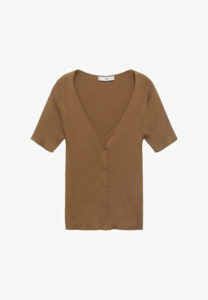 Brun ribbad stickad cardigan med V-ringning, korta ärmar och sex framknappar. Mjuk textur och en figurnära design.