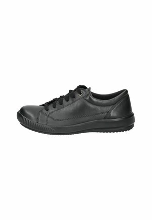 Black leather sneakers with textured upper, lace-up design, round toe, and rubber sole. Features minimal stitching and eyelets for laces.