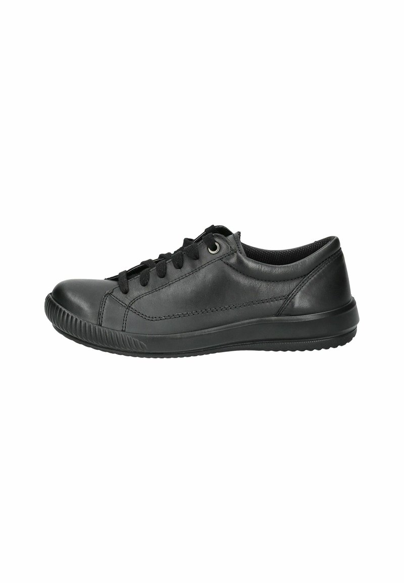 Schwarze Ledersneaker mit strukturiertem Obermaterial, Schnürdesign, runder Zehenpartie und Gummisohle. Verfügt über minimale Nähte und Ösen für die Schnürsenkel.