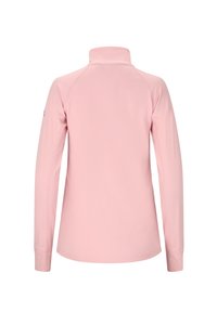 Helles rosa Langarmshirt mit hohem Kragen und gerippten Bündchen. Glatte Textur, taillierte Passform mit Raglansleevs, keine sichtbaren Logos oder Muster.