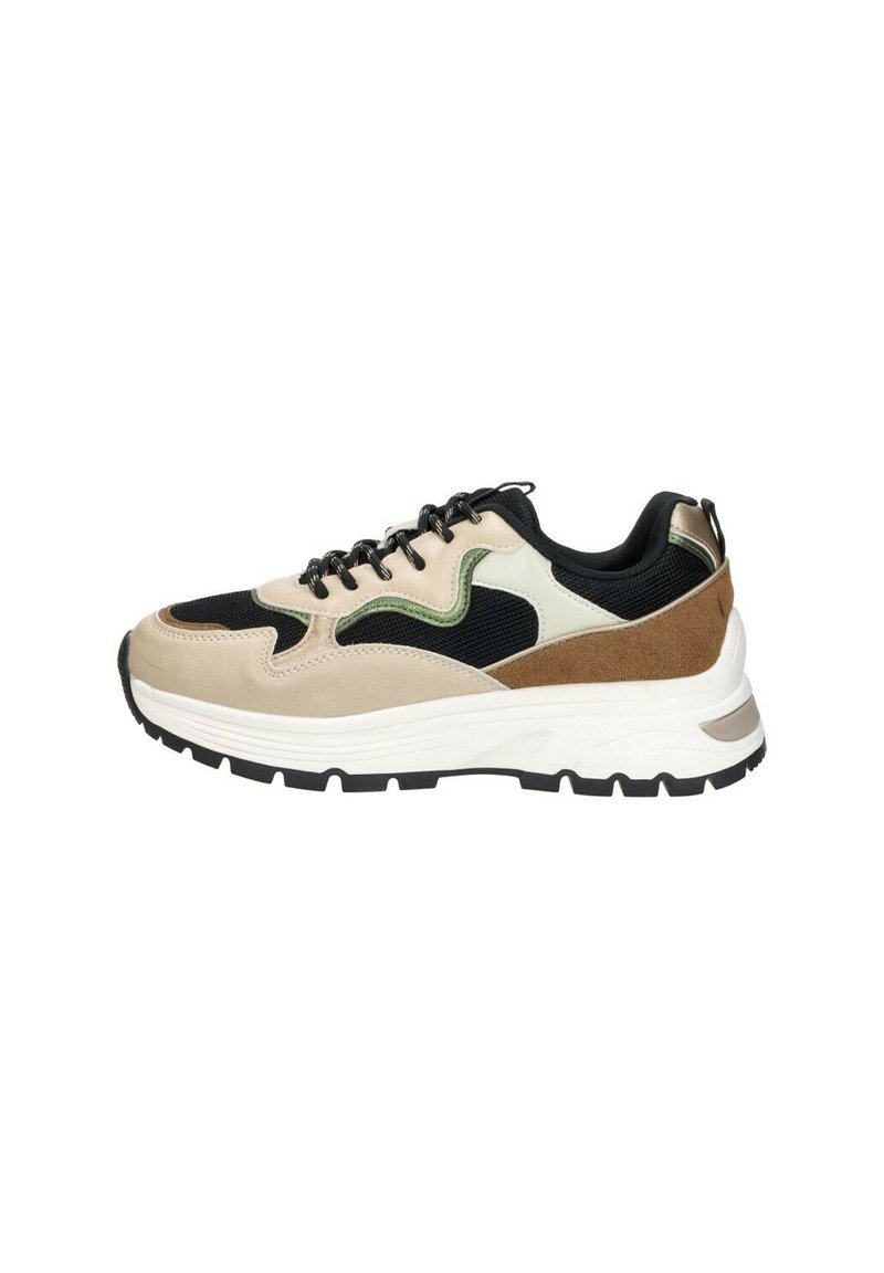 Beige and black sneaker with mesh and suede materials, featuring green and brown accents, thick white midsole, and textured black outsole.