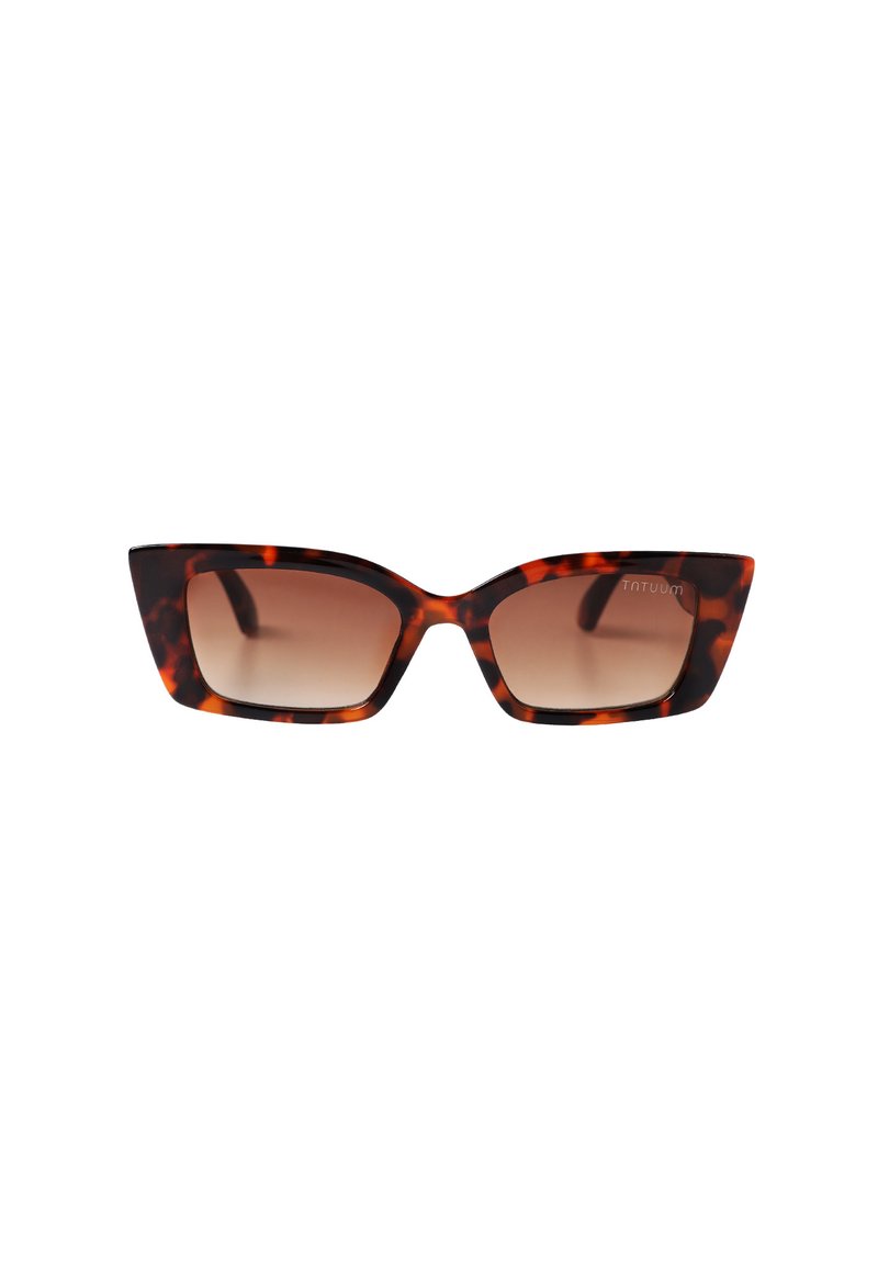 Ochelari de soare în model scoică de țestoasă cu un design elegant ochi de pisică, cu un model maro închis și portocaliu și lentile maro degrade.