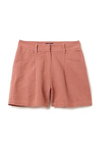 Shorts en lin terracotta au design structuré, avec poches avant et fermeture éclair. Texture lisse et plis marqués pour un aspect soigné.