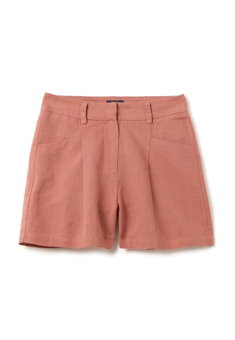 Shorts en lin terracotta au design structuré, avec poches avant et fermeture éclair. Texture lisse et plis marqués pour un aspect soigné.
