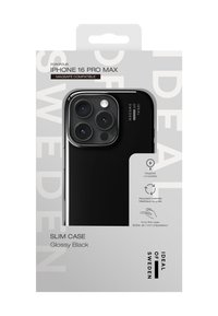 Glanset svart, slankt deksel for iPhone 16 Pro Max. Laget av resirkulerte materialer, 1 mm tynt, kompatibelt med MagSafe, med minimalistisk design.