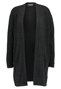 Cardigan largo y abierto por delante, hecho de tela gris oscura, con mangas largas y dos bolsillos frontales. Textura suave y corte relajado.