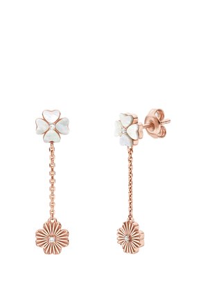 Øreringe i rosaguld med firekløverdesign, der indeholder perlemorsindlæg og en hængende blomstermotiv med en lille krystal.