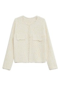 Cremfarbener, strukturierter Strickcardigan mit langen Ärmeln, rundem Halsausschnitt, Vordertaschen und fransigen Details.