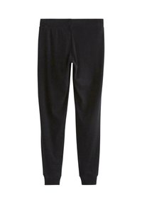 Pantaloni neri aderenti con un design fitted, texture liscia e cintura elastica. Nessun motivo visibile o dettagli in hardware.