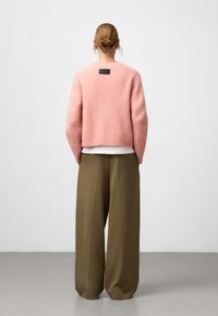 Różowy wełniany sweter o skróconym kroju i prążkowanym wykończeniu, w zestawie z oliwkowymi spodniami typu wide-leg. Sweter ma czarną metkę z tyłu.