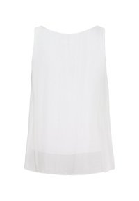 Hvid ærmeløs top lavet af et let, gennemsigtigt stof. Har en blødt buet halsudskæring og en løs, afslappet pasform med lige sider.