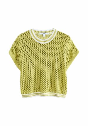 Limoengroene korte mouw top van gehaakt breiwerk met een witte, gestreepte geribbelde halslijn en zoom, voorzien van een los en luchtig geweven patroon.