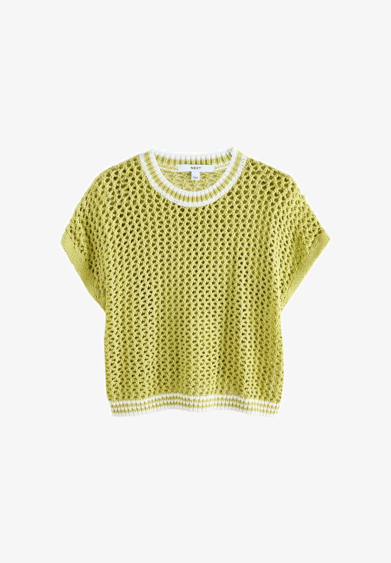 Haut en crochet à manches courtes de couleur vert citron avec encolure et ourlet côtelés à rayures blanches, présentant un tissage lâche et aéré.
