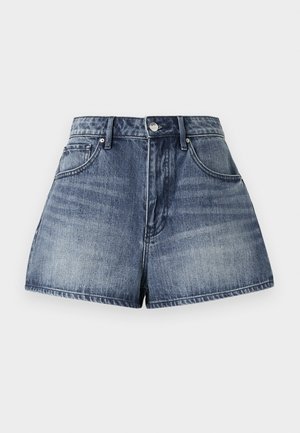 Jeansowe szorty z wysokim stanem wykonane z niebieskiego materiału. Posiadają pięć kieszeni, zapięcie na guzik z przodu oraz lekko postarzany wygląd.