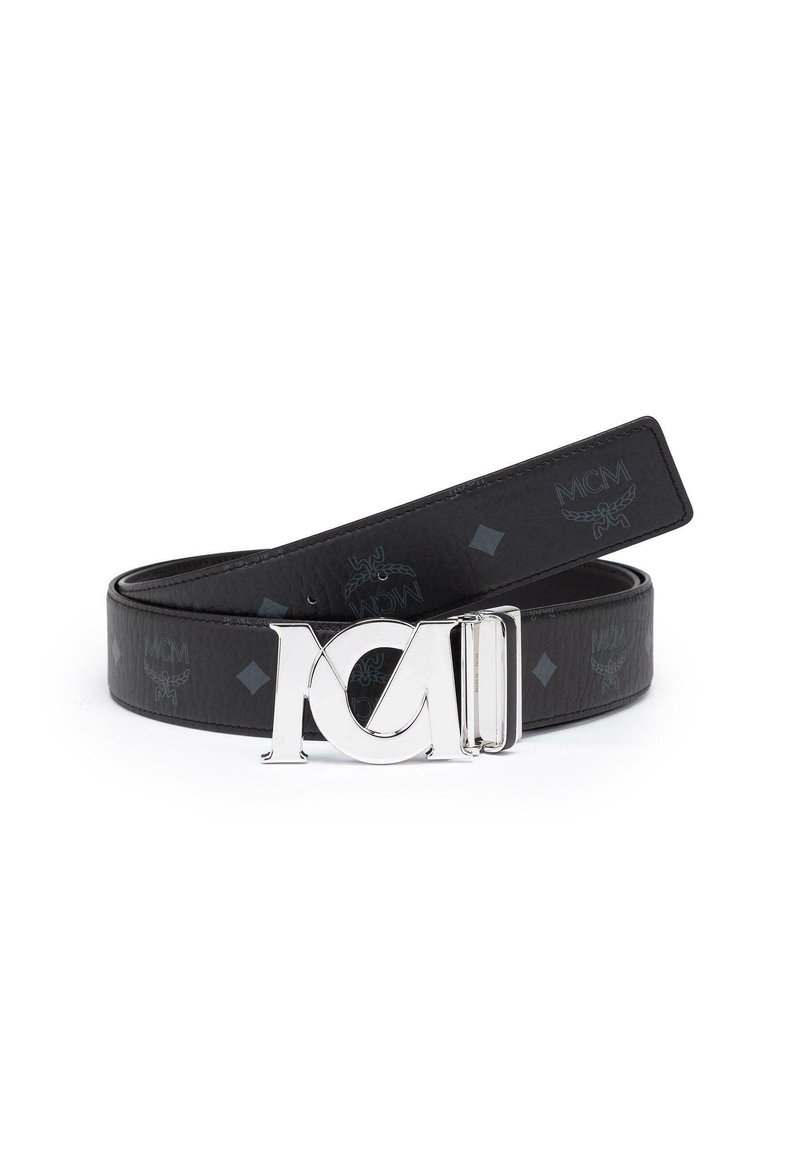Black leather belt with a glossy texture, featuring a silver logo buckle and subtle embossed patterns of MCM logos and diamonds.