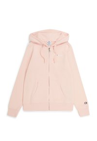 Sudadera de cremallera de color rosa claro con capucha ajustable, bolsillos frontales y un pequeño logo en el lado izquierdo del pecho; hecha de una tela suave con una textura lisa.