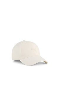 Witte baseballcap met een gebogen klep, gemaakt van textuurstof, met een reliëflogo op het voorpaneel. Zes ventilatie-oogjes.