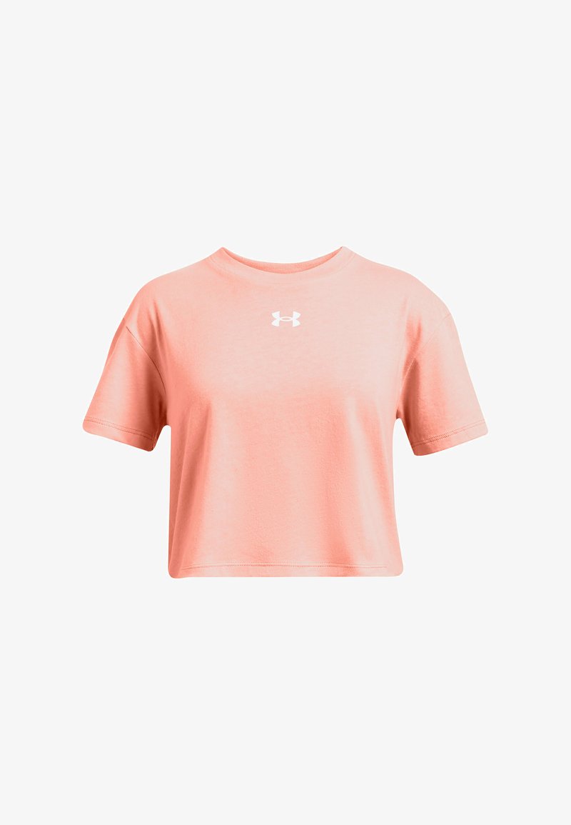 Short-sleeve, cropped t-shirt in light coral fabric. Features a round neckline and a white Under Armour logo on the front.