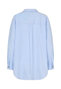 Heledad sinine triibuline särk nööpkaelusega, pikkade varrukatega ja ümarate äärtega. Pehme kangas, millel on peen tekstuur ja manseti detail.