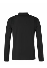 Langärmliges Poloshirt in Schwarz, mit weichem Material, Kragen und kontrastierenden seitlichen Paneeldetails. Keine sichtbaren Muster oder Hardware.