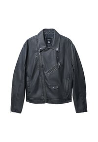 Giacca biker in ecopelle nera con cerniera asimmetrica, tasca sul petto con cerniera, tasca a patta e colletto a pressione, taglia XL.