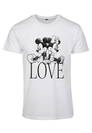Biely bavlnený tričko s čiernou grafikou Mickeyho a Minny Mouse. Text "LÁSKA" v tučnom čiernom písme pod ilustráciou.