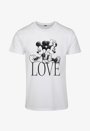 Tricou alb din bumbac cu un grafic negru al lui Mickey și Minnie Mouse. Textul "LOVE" în font negru bold sub ilustrație.