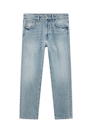 Light blue denim jeans featuring a straight leg design, five pockets, and a front button closure. Fabric shows subtle fading and whiskering.