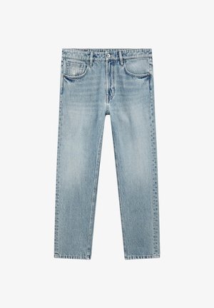 Jean en denim bleu clair avec une coupe droite, cinq poches et une fermeture à bouton à l'avant. Le tissu présente un léger délavage et des whiskers.