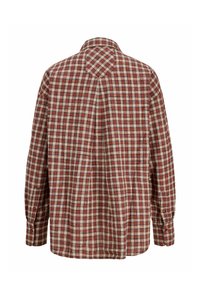 Rdeča, bež in modra karo srajca z dolgimi rokavi, okroglim izrezom in zapenjanjem na gumbe pri manšetah. Mehka tkanina z udobnim prileganjem.