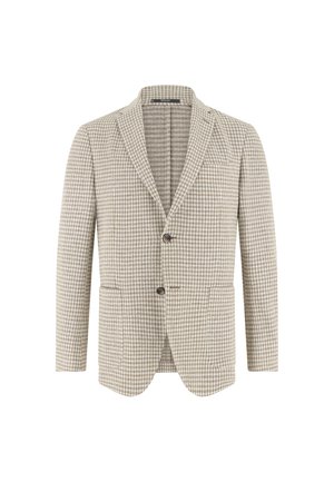 Beiger und weiß karierter Blazer mit zwei Knöpfen, eingekerbtem Revers und vorderen aufgesetzten Taschen, auf weißem Hintergrund präsentiert.