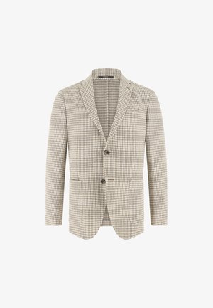 Beżowa i biała marynarka w kratę z dwoma guzikami, wyciętymi klapami i przednimi naszywanymi kieszeniami, pokazana na białym tle.