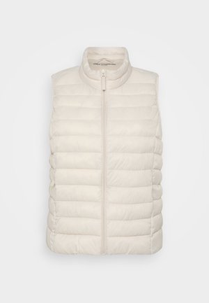 Gilet in piuma leggero con design a righe verticali, colletto alto e chiusura con zip completa. Texture liscia, stile minimalista.