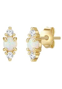 Aukso auskarai su centriniu opalu, kurį supa du maži skaidrūs akmenukai, poliruota apdaila ir dekoratyvūs žnyplės.
