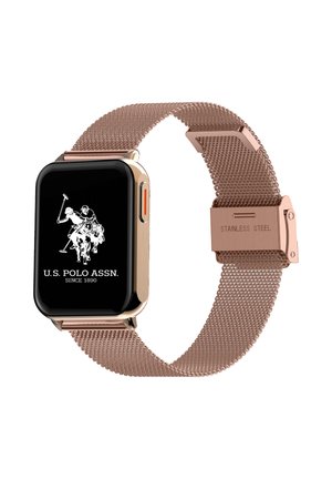 Smartwatch con cinturino a rete metallica color oro rosa, schermo rettangolare nero che mostra il logo U.S. Polo Assn. e fibbia in acciaio inossidabile.