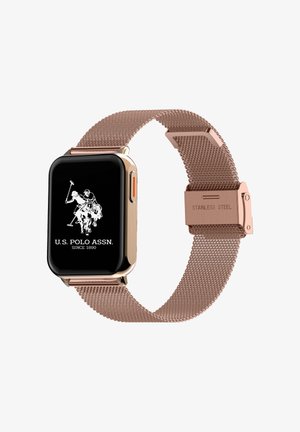 Montre intelligente avec bracelet en maille métallique or rose, écran rectangulaire noir affichant le logo U.S. Polo Assn. et boucle en acier inoxydable.