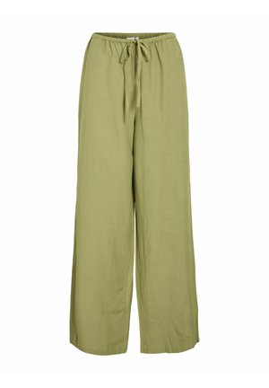 Pantalons larges en vert olive clair, avec une taille élastique et un cordon de serrage. Fabriqués à partir d'un tissu texturé pour le confort et la respirabilité.
