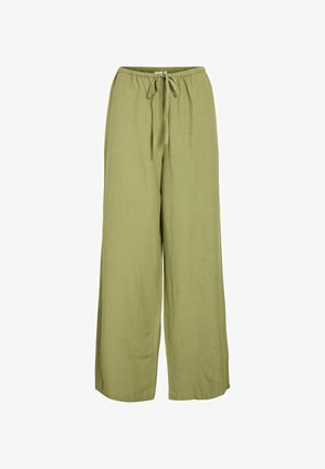Pantalons larges en vert olive clair, avec une taille élastique et un cordon de serrage. Fabriqués à partir d'un tissu texturé pour le confort et la respirabilité.