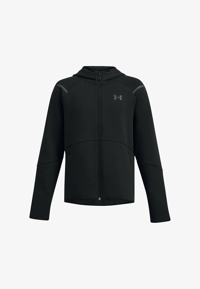 Black zip-up hoodie with a fitted design, made of soft fabric, featuring a hood, long sleeves, and subtle reflective accents.